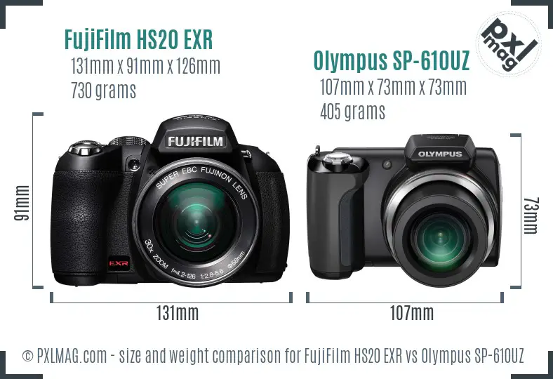 FujiFilm HS20 EXR vs Olympus SP-610UZ size comparison