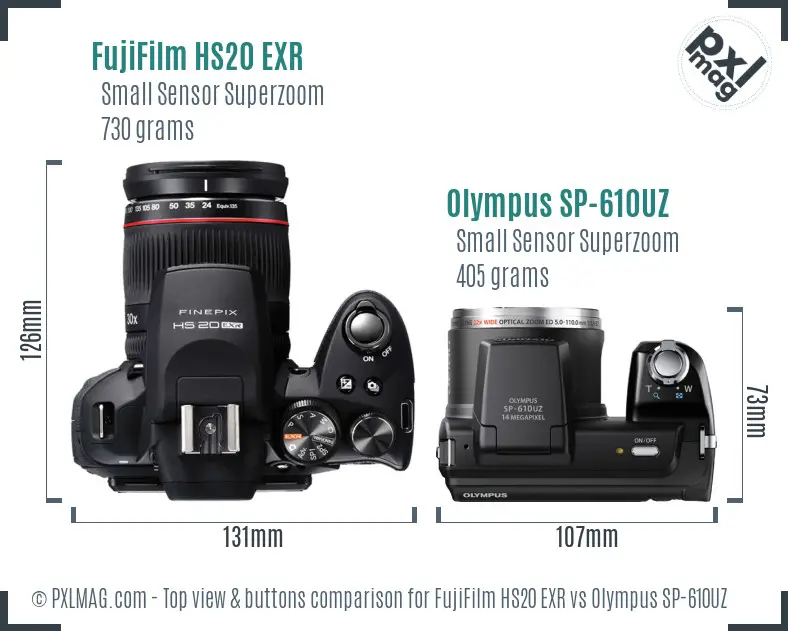 FujiFilm HS20 EXR vs Olympus SP-610UZ top view buttons comparison