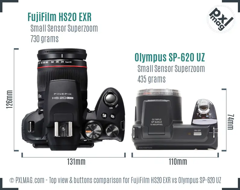 FujiFilm HS20 EXR vs Olympus SP-620 UZ top view buttons comparison FujiFilm HS20 EXR vs Olympus SP-620 UZ top view buttons comparison