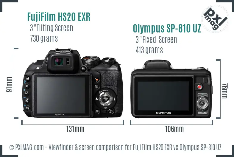 FujiFilm HS20 EXR vs Olympus SP-810 UZ Screen and Viewfinder comparison