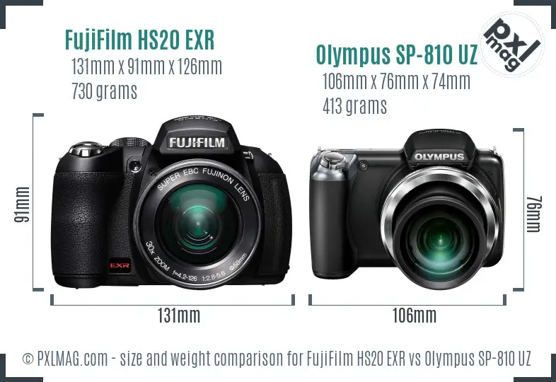 FujiFilm HS20 EXR vs Olympus SP-810 UZ size comparison
