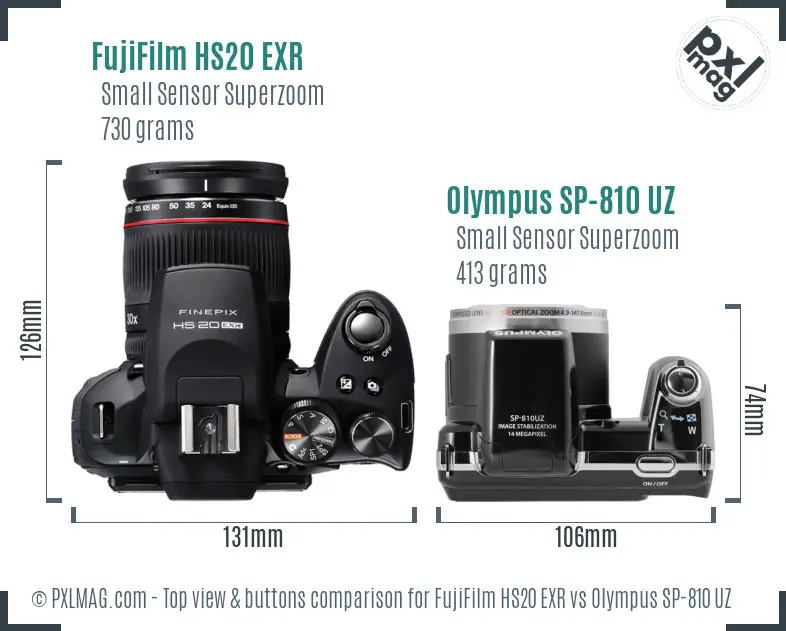 FujiFilm HS20 EXR vs Olympus SP-810 UZ top view buttons comparison