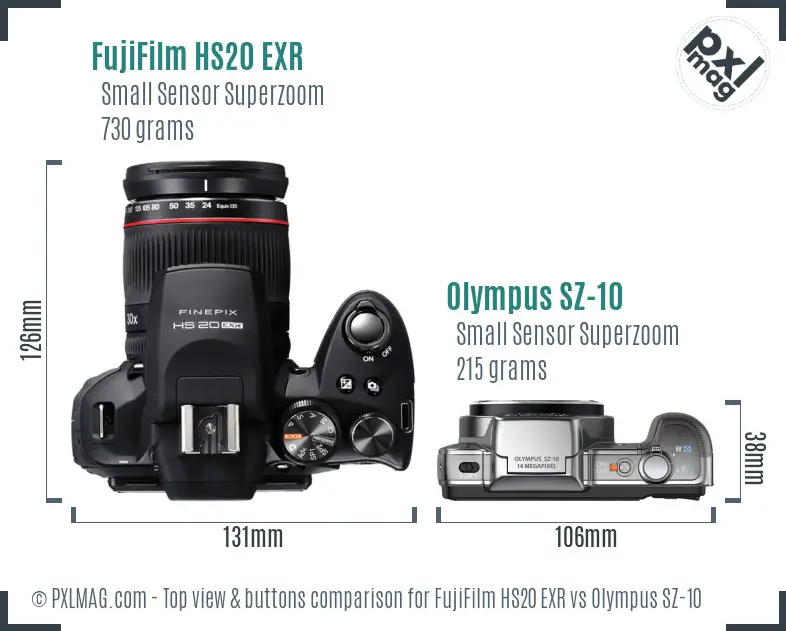 FujiFilm HS20 EXR vs Olympus SZ-10 top view buttons comparison FujiFilm HS20 EXR vs Olympus SZ-10 top view buttons comparison