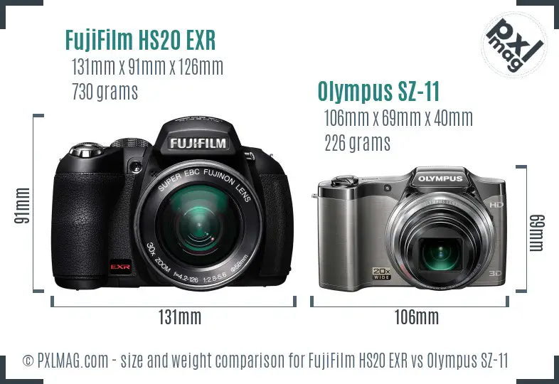 FujiFilm HS20 EXR vs Olympus SZ-11 size comparison