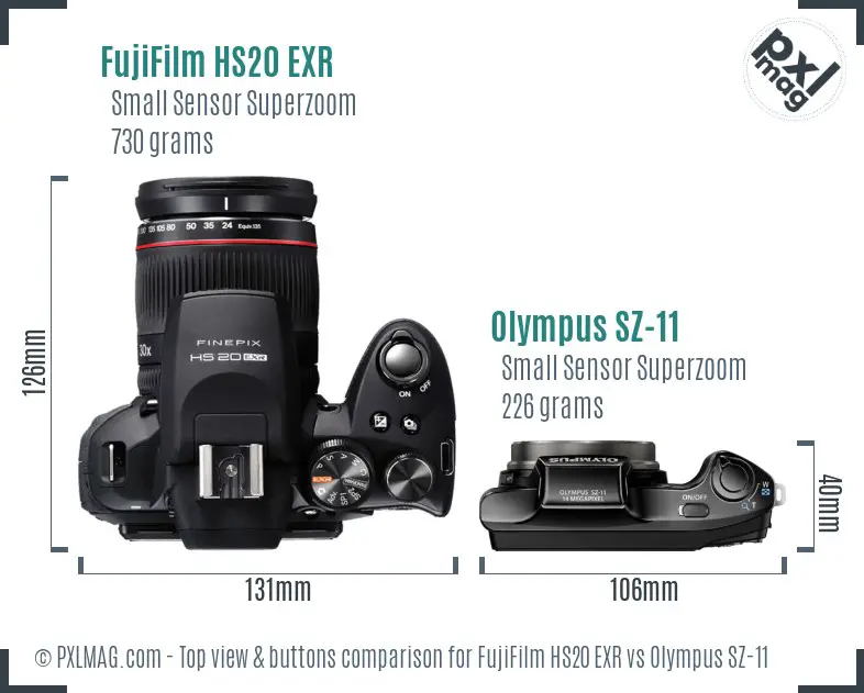 FujiFilm HS20 EXR vs Olympus SZ-11 top view buttons comparison
