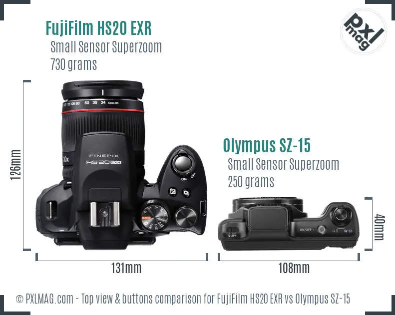 FujiFilm HS20 EXR vs Olympus SZ-15 top view buttons comparison