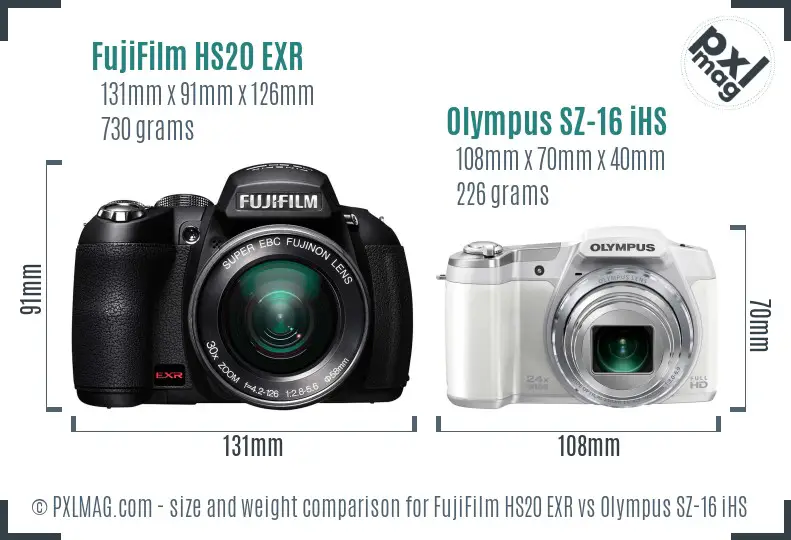 FujiFilm HS20 EXR vs Olympus SZ-16 iHS size comparison