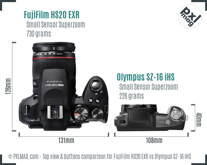 FujiFilm HS20 EXR vs Olympus SZ-16 iHS top view buttons comparison