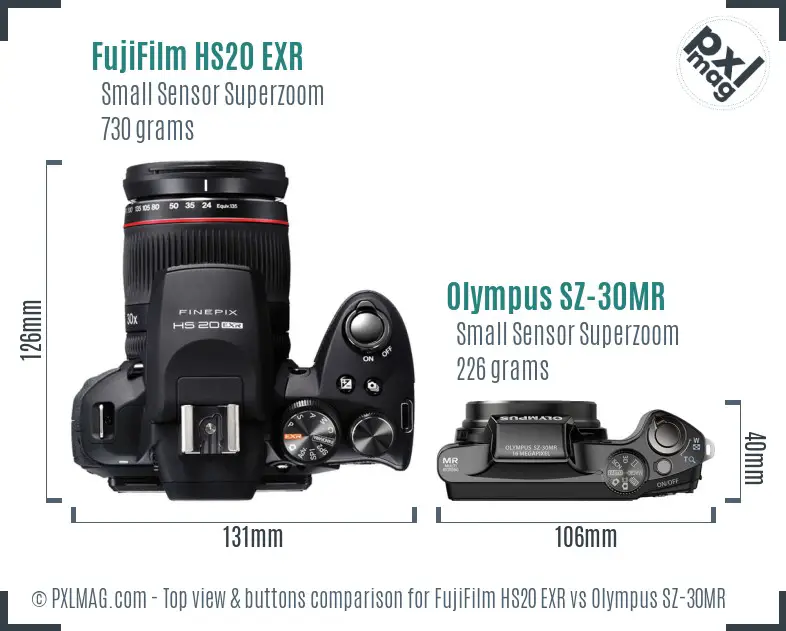 FujiFilm HS20 EXR vs Olympus SZ-30MR top view buttons comparison