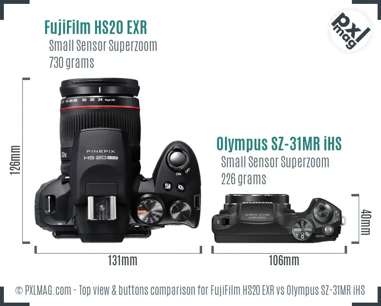 FujiFilm HS20 EXR vs Olympus SZ-31MR iHS top view buttons comparison FujiFilm HS20 EXR vs Olympus SZ-31MR iHS top view buttons comparison