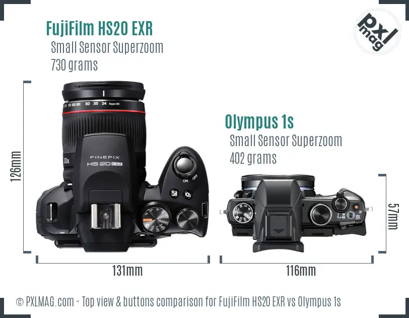 FujiFilm HS20 EXR vs Olympus 1s top view buttons comparison FujiFilm HS20 EXR vs Olympus 1s top view buttons comparison