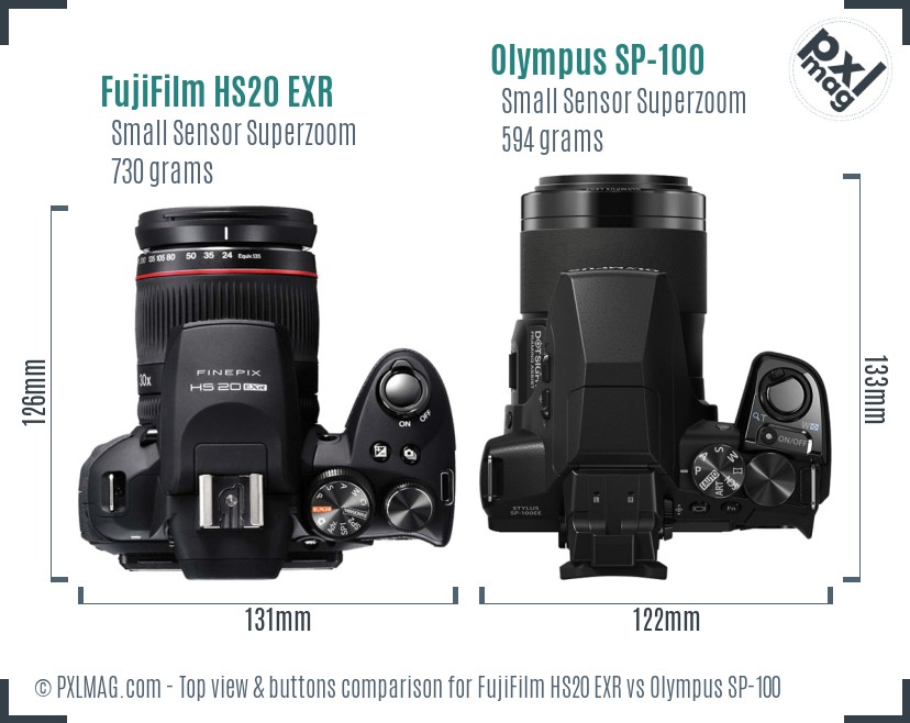 FujiFilm HS20 EXR vs Olympus SP-100 top view buttons comparison