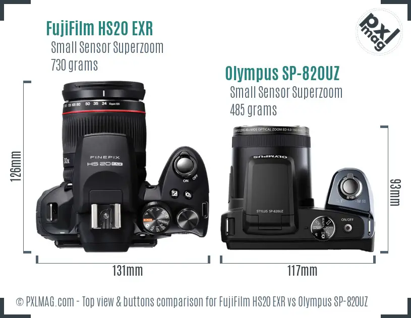 FujiFilm HS20 EXR vs Olympus SP-820UZ top view buttons comparison FujiFilm HS20 EXR vs Olympus SP-820UZ top view buttons comparison