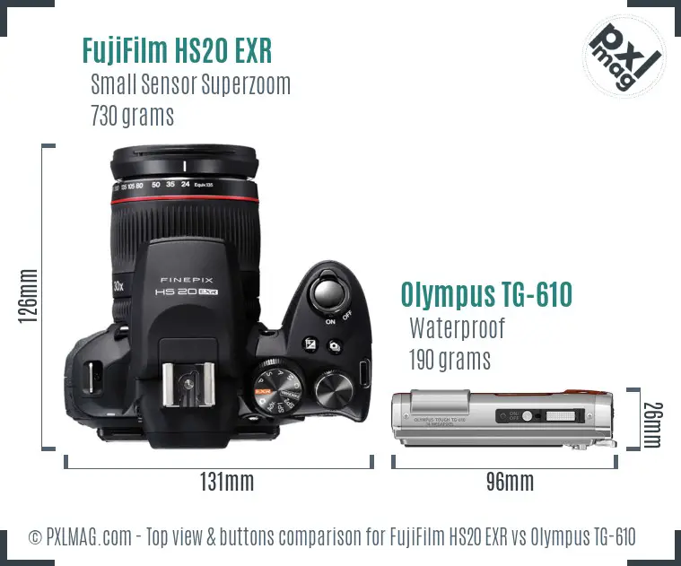 FujiFilm HS20 EXR vs Olympus TG-610 top view buttons comparison FujiFilm HS20 EXR vs Olympus TG-610 top view buttons comparison