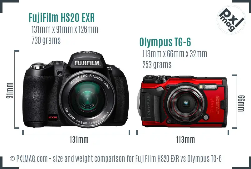 FujiFilm HS20 EXR vs Olympus TG-6 size comparison