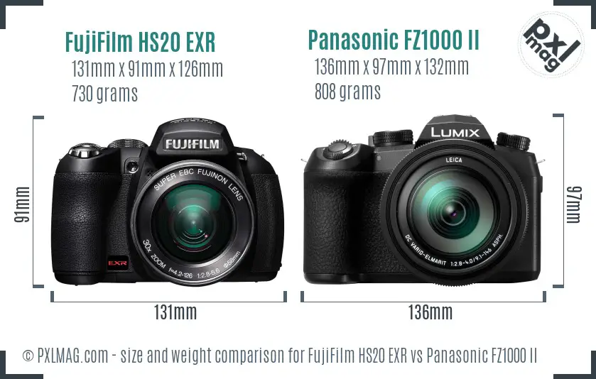 FujiFilm HS20 EXR vs Panasonic FZ1000 II size comparison