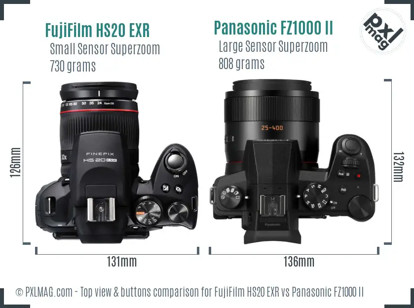 FujiFilm HS20 EXR vs Panasonic FZ1000 II top view buttons comparison