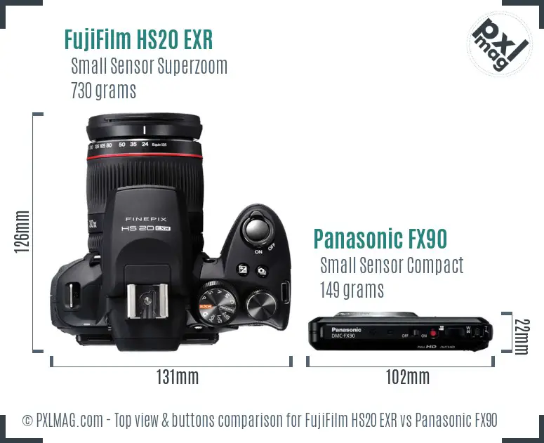FujiFilm HS20 EXR vs Panasonic FX90 top view buttons comparison