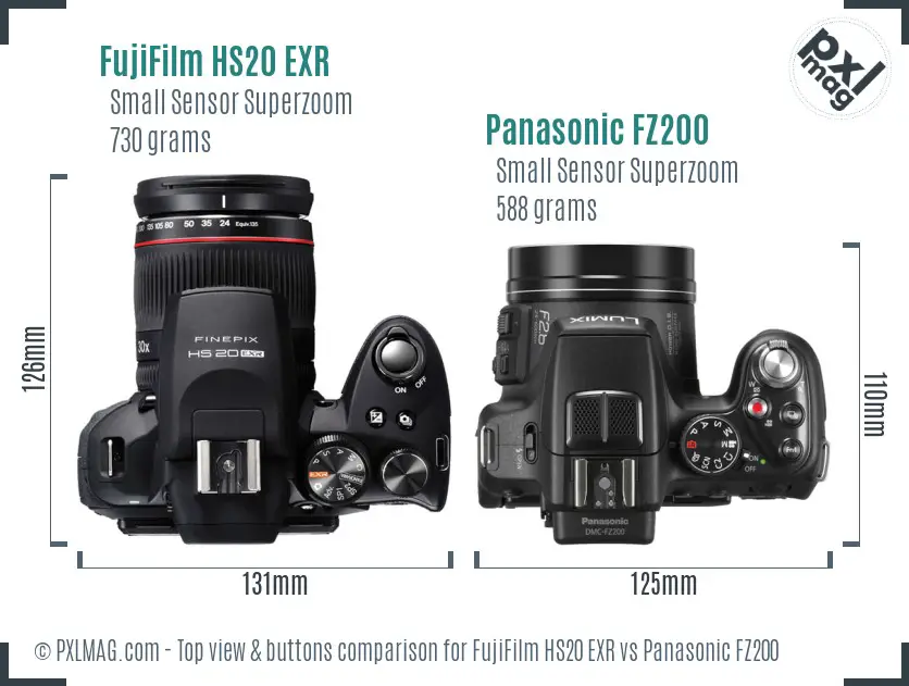 FujiFilm HS20 EXR vs Panasonic FZ200 top view buttons comparison