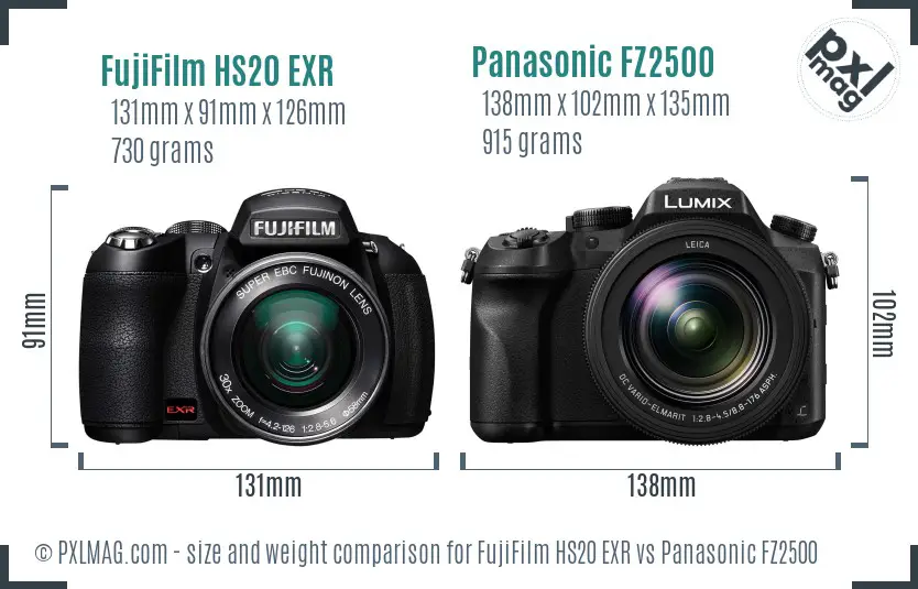 FujiFilm HS20 EXR vs Panasonic FZ2500 size comparison