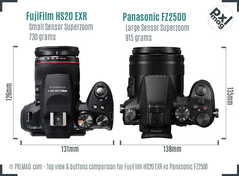 FujiFilm HS20 EXR vs Panasonic FZ2500 top view buttons comparison