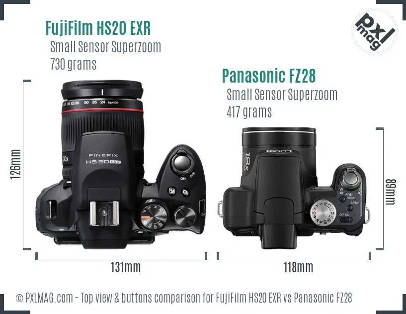 FujiFilm HS20 EXR vs Panasonic FZ28 top view buttons comparison