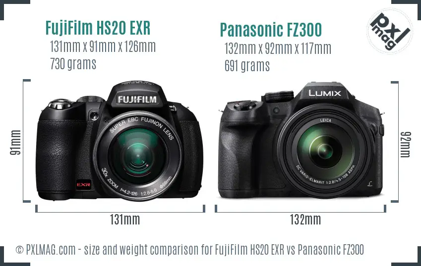 FujiFilm HS20 EXR vs Panasonic FZ300 size comparison