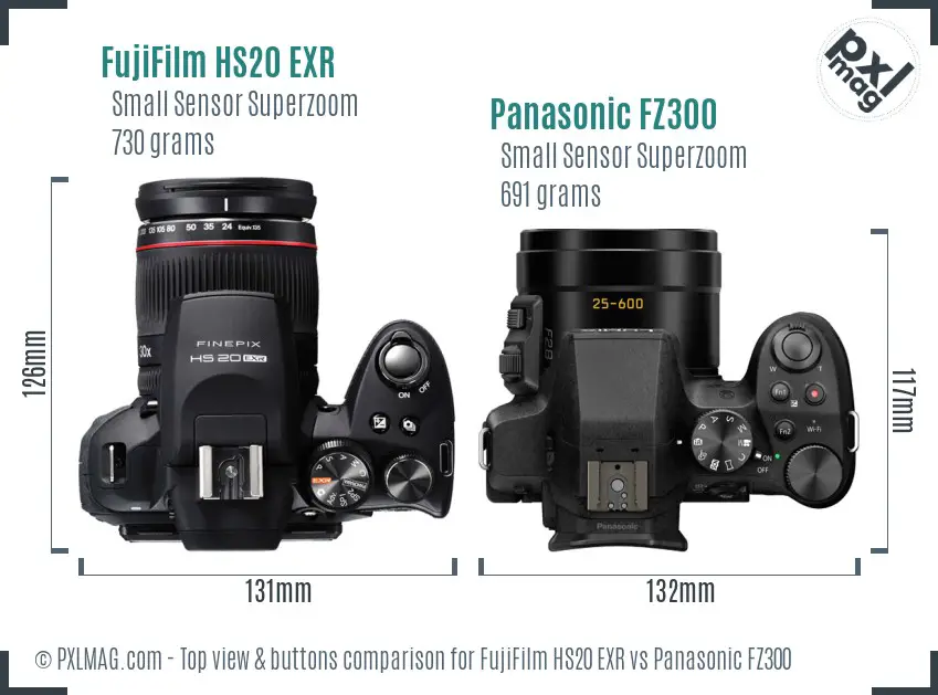 FujiFilm HS20 EXR vs Panasonic FZ300 top view buttons comparison