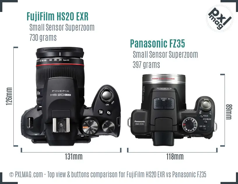 FujiFilm HS20 EXR vs Panasonic FZ35 top view buttons comparison FujiFilm HS20 EXR vs Panasonic FZ35 top view buttons comparison