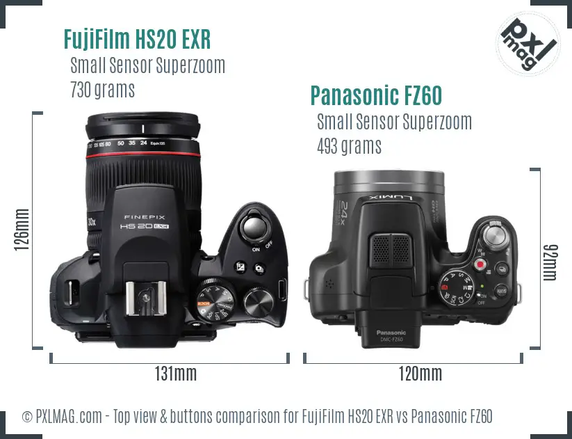 FujiFilm HS20 EXR vs Panasonic FZ60 top view buttons comparison FujiFilm HS20 EXR vs Panasonic FZ60 top view buttons comparison