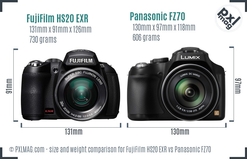 FujiFilm HS20 EXR vs Panasonic FZ70 size comparison