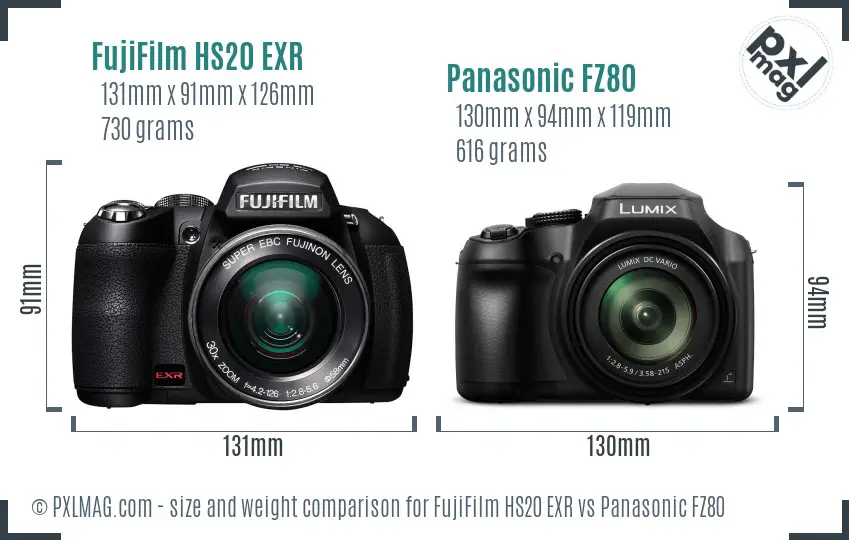 FujiFilm HS20 EXR vs Panasonic FZ80 size comparison