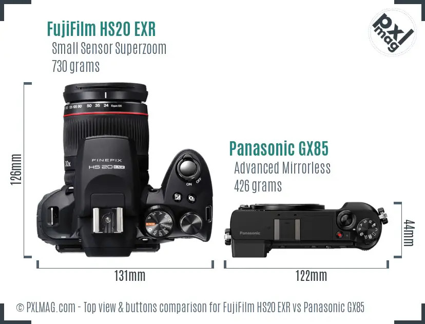FujiFilm HS20 EXR vs Panasonic GX85 top view buttons comparison