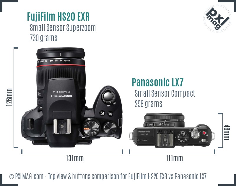FujiFilm HS20 EXR vs Panasonic LX7 top view buttons comparison
