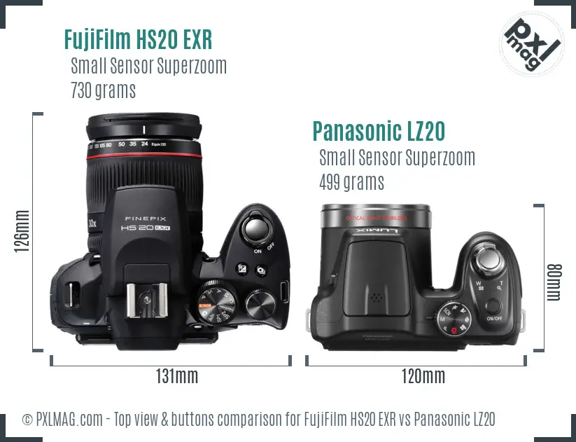 FujiFilm HS20 EXR vs Panasonic LZ20 top view buttons comparison