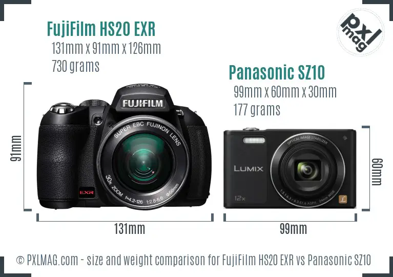 FujiFilm HS20 EXR vs Panasonic SZ10 size comparison
