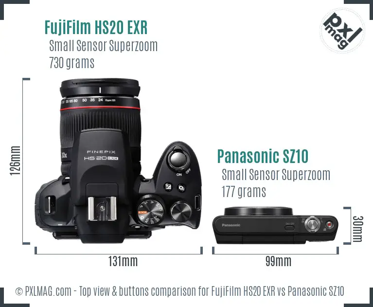 FujiFilm HS20 EXR vs Panasonic SZ10 top view buttons comparison