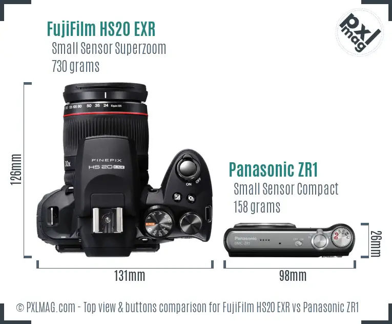 FujiFilm HS20 EXR vs Panasonic ZR1 top view buttons comparison