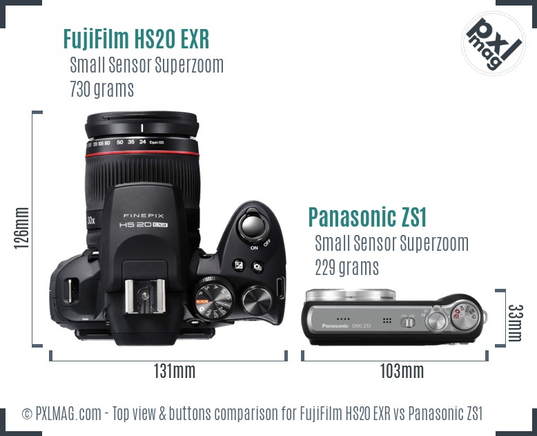 FujiFilm HS20 EXR vs Panasonic ZS1 top view buttons comparison