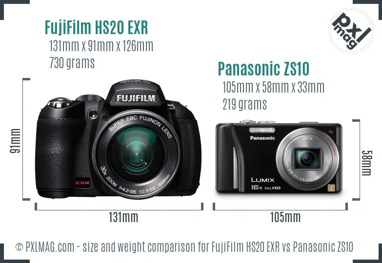 FujiFilm HS20 EXR vs Panasonic ZS10 size comparison