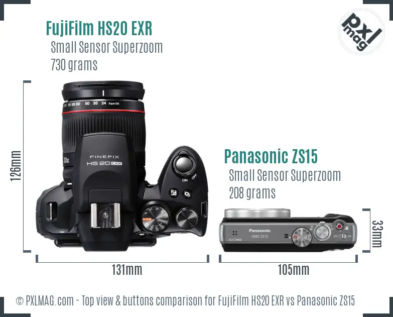 FujiFilm HS20 EXR vs Panasonic ZS15 top view buttons comparison FujiFilm HS20 EXR vs Panasonic ZS15 top view buttons comparison