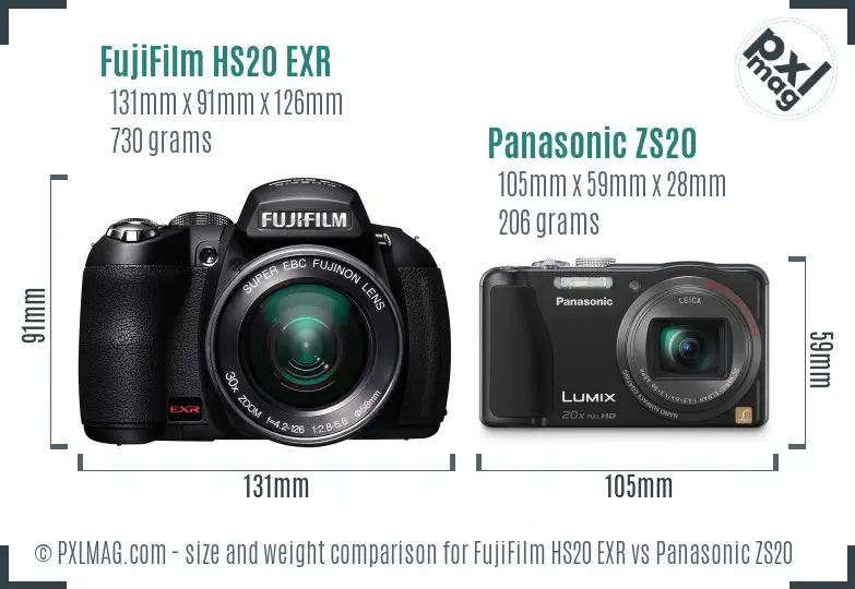 FujiFilm HS20 EXR vs Panasonic ZS20 size comparison