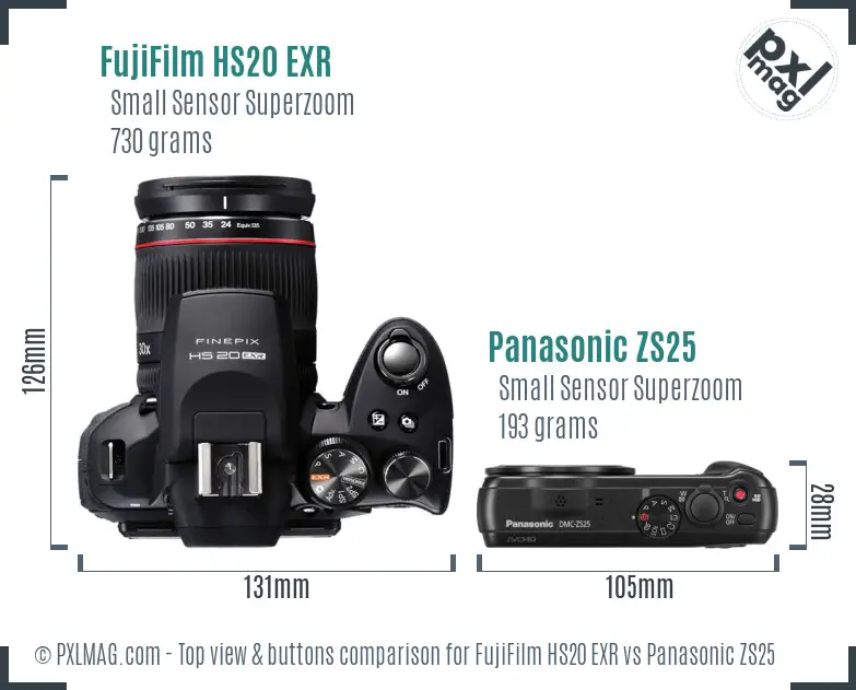 FujiFilm HS20 EXR vs Panasonic ZS25 top view buttons comparison FujiFilm HS20 EXR vs Panasonic ZS25 top view buttons comparison