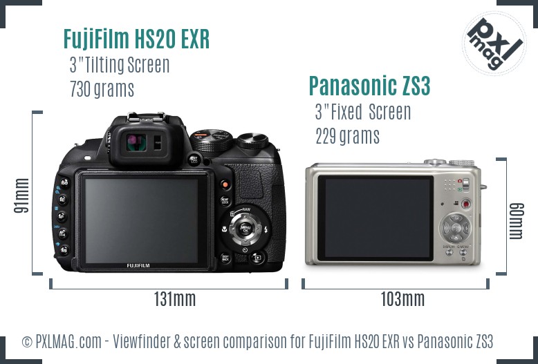 FujiFilm HS20 EXR vs Panasonic ZS3 Screen and Viewfinder comparison