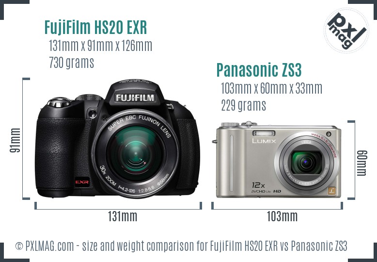 FujiFilm HS20 EXR vs Panasonic ZS3 size comparison