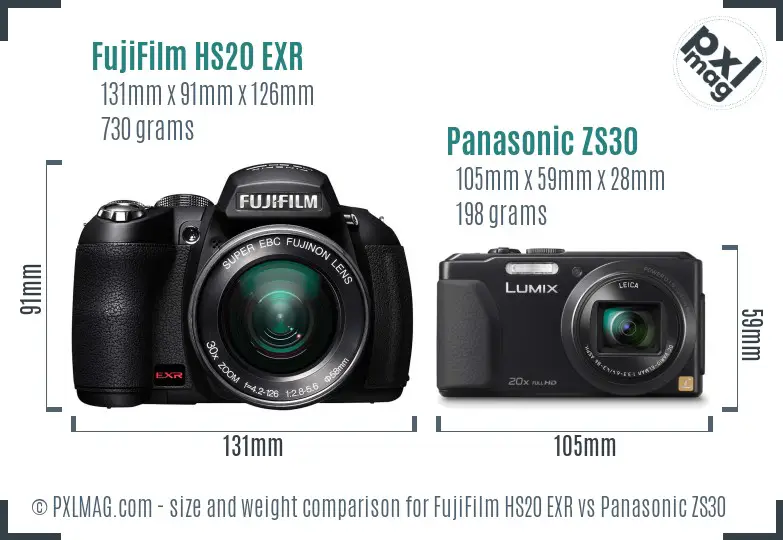 FujiFilm HS20 EXR vs Panasonic ZS30 size comparison