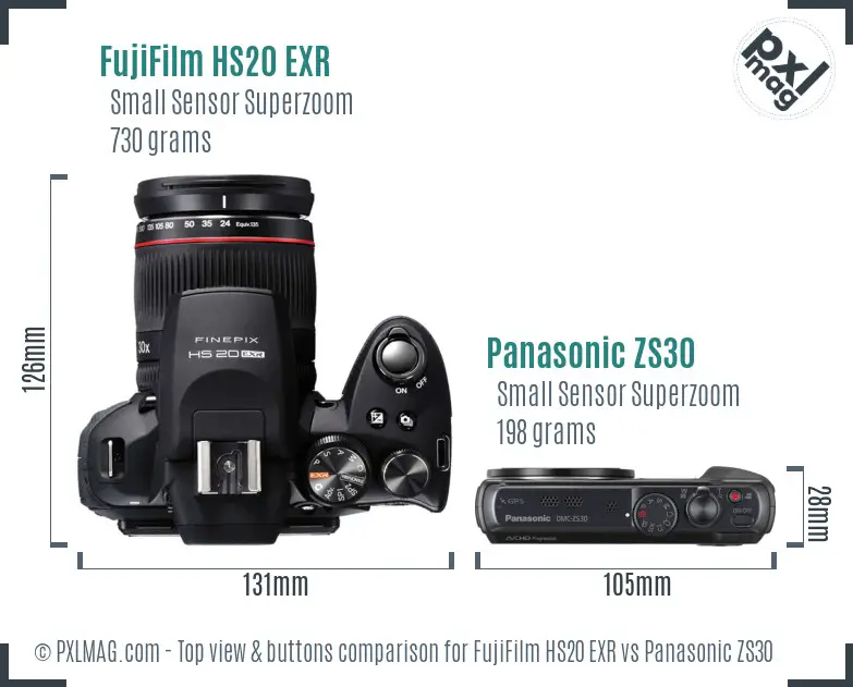 FujiFilm HS20 EXR vs Panasonic ZS30 top view buttons comparison