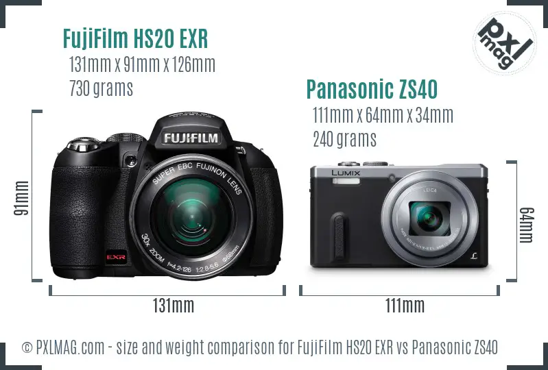 FujiFilm HS20 EXR vs Panasonic ZS40 size comparison