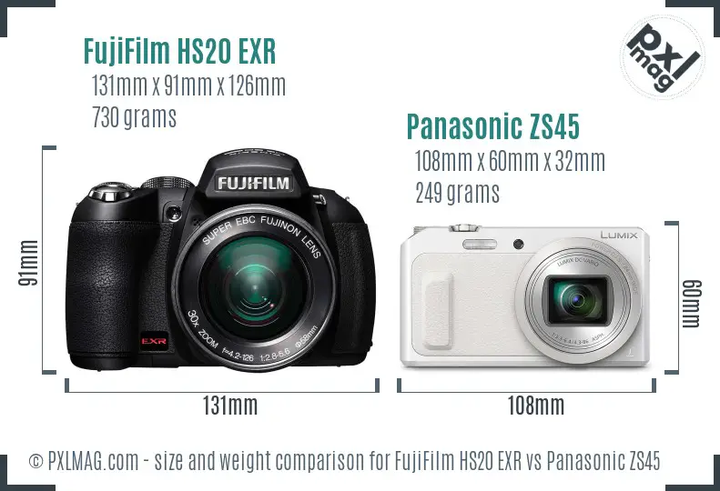 FujiFilm HS20 EXR vs Panasonic ZS45 size comparison