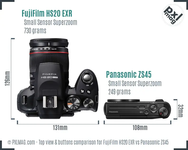 FujiFilm HS20 EXR vs Panasonic ZS45 top view buttons comparison